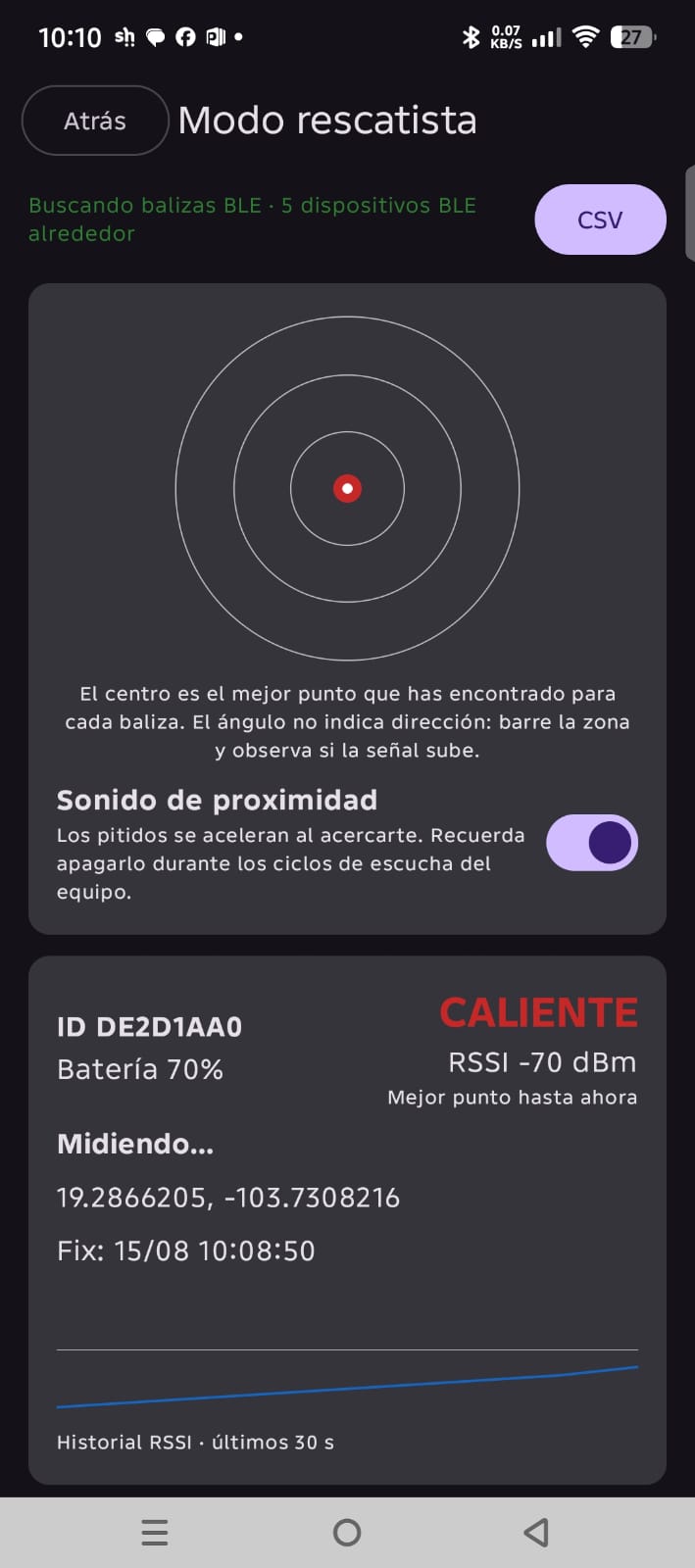 Modo rescatista: baliza marcada como el mejor punto hasta ahora con RSSI de −70 dBm, punto rojo en el centro del radar y el sonido de proximidad activado