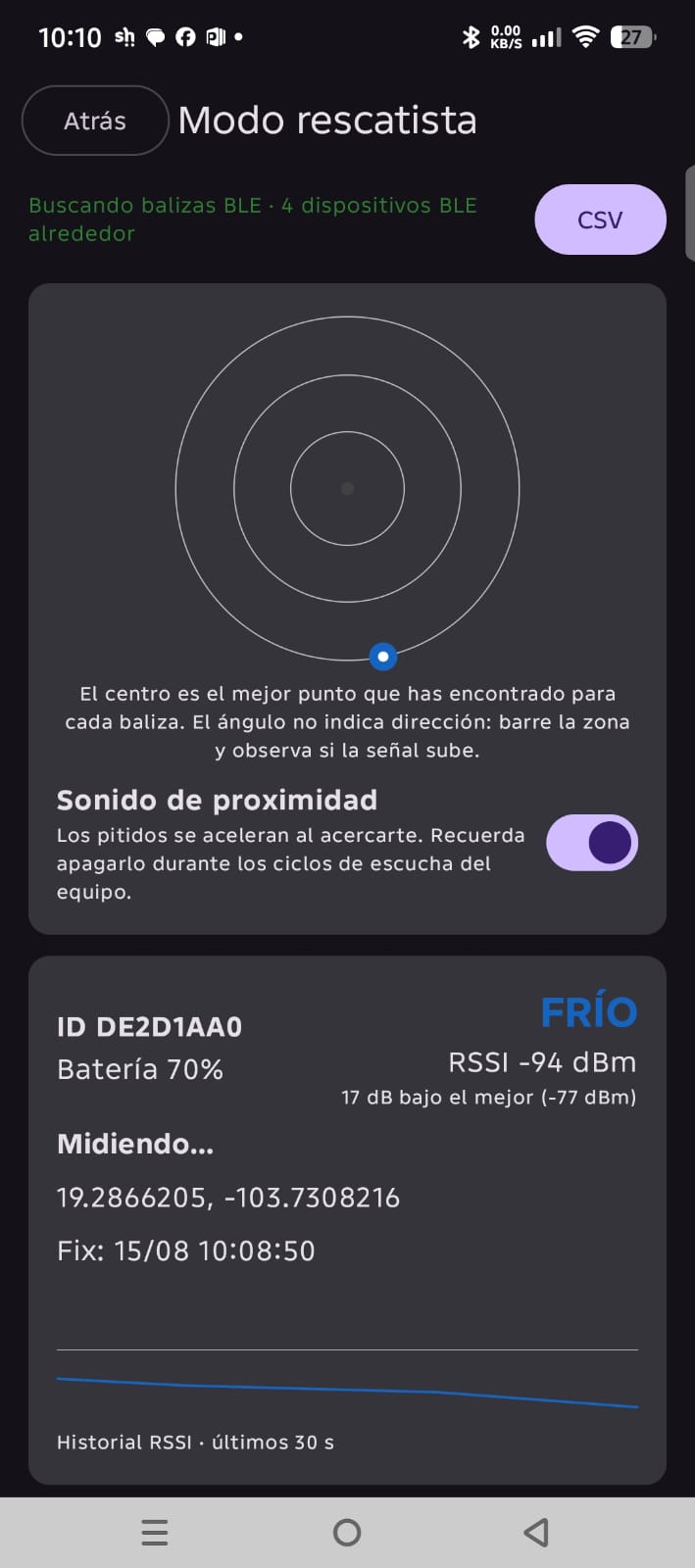 Modo rescatista: baliza en estado FRÍO con RSSI de −94 dBm, 17 dB por debajo del mejor punto, y el punto azul desplazado al anillo exterior del radar