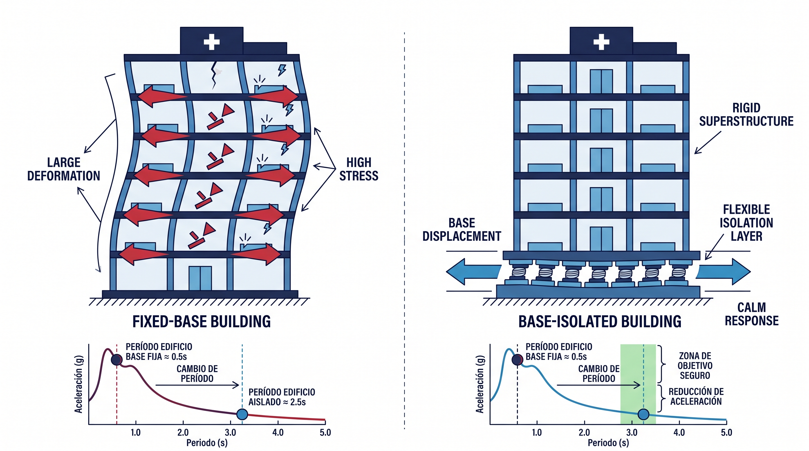 Comparación entre un edificio de base fija que sufre grandes deformaciones y un edificio aislado en su base que responde con calma, junto a los espectros de aceleración que muestran el cambio de periodo de 0.5 s a 2.5 s