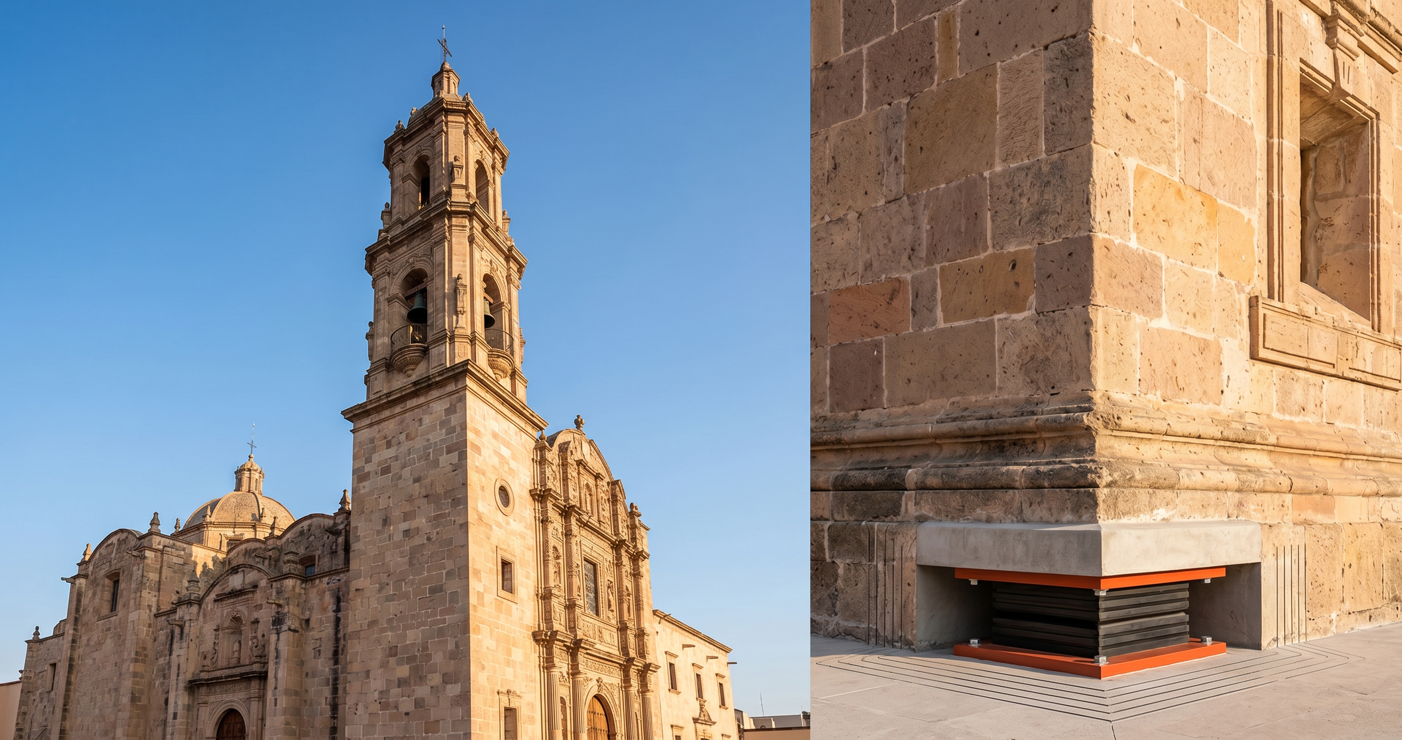 Campanario histórico de cantera con aislador sísmico elastomérico en su base