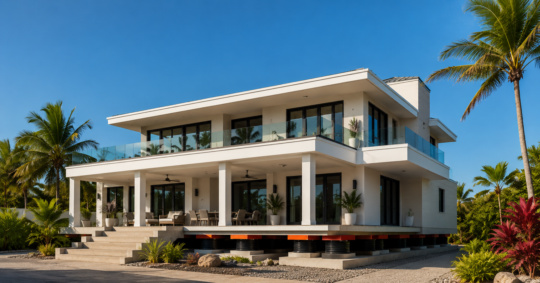 Casa caribeña moderna construida sobre aisladores sísmicos en Puerto Rico