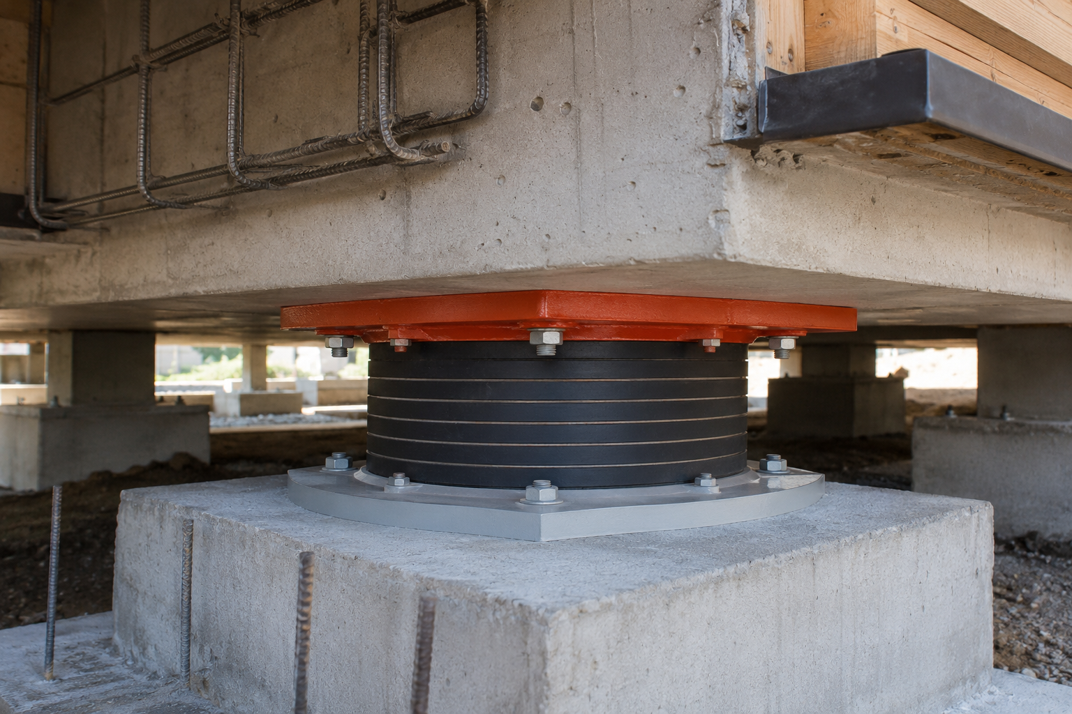 Detalle del nivel de aislamiento de una vivienda: aislador elastomérico LDRB entre el pedestal de concreto de la cimentación y la trabe de rigidez, con armado de acero y pernos de anclaje