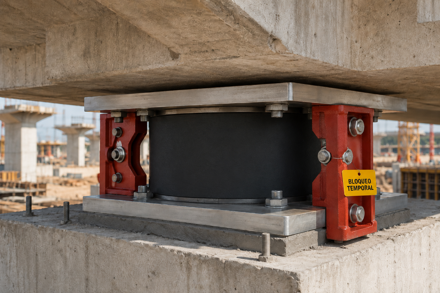 Detalle del apoyo de un aislador LRB sobre el cabezal de la pila de un puente en construcción, con sus placas de acero, pernos de anclaje y los candados rojos de bloqueo temporal con una etiqueta de aviso