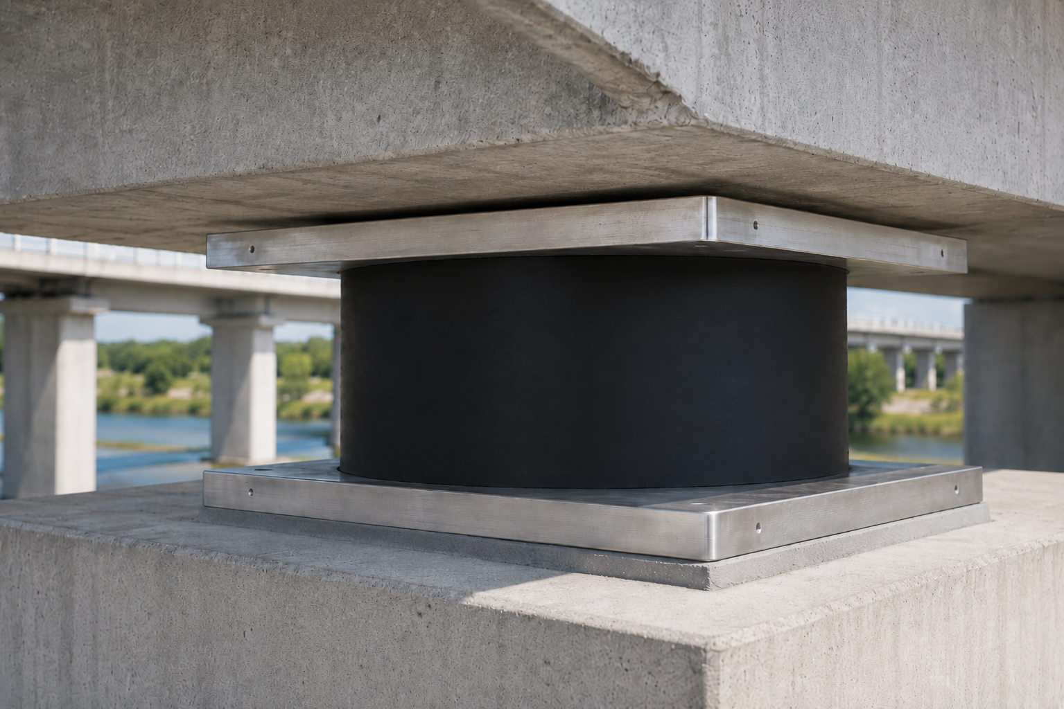 Aisladores sísmicos instalándose en un puente en construcción con candados de bloqueo temporal