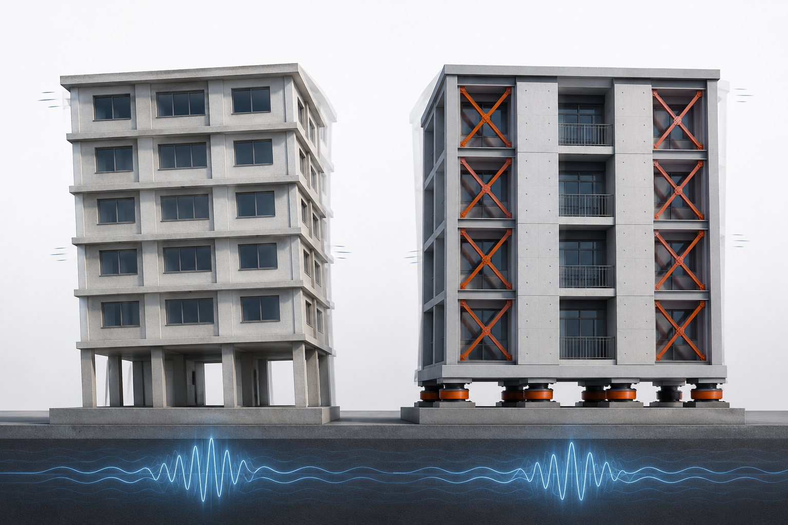 Comparación educativa entre un edificio sin protección sísmica y uno protegido con aislamiento de base y disipación de energía frente al movimiento del suelo