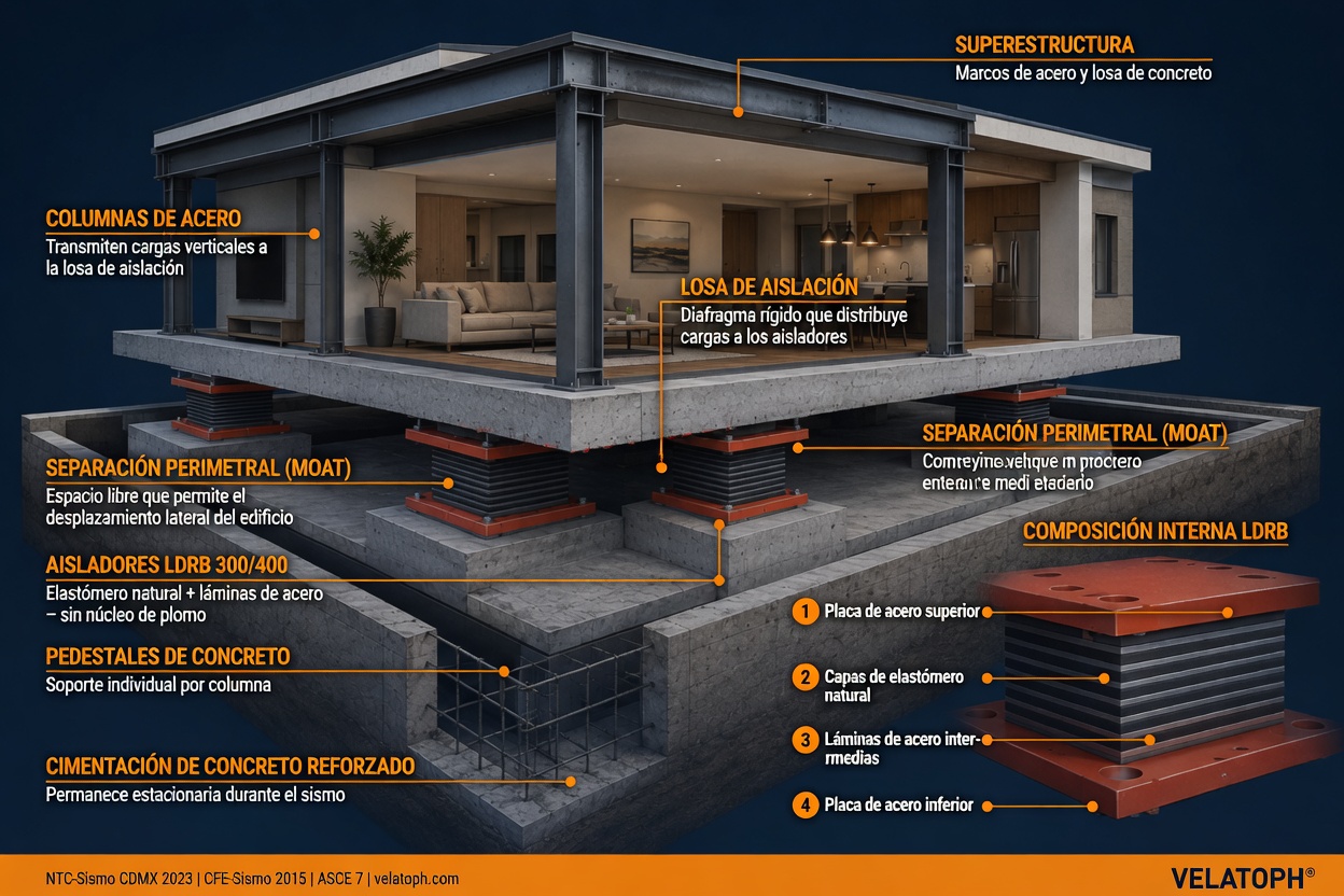 Infografía sistema LDRB: composición interna y estructura de aislamiento sísmico para vivienda — VELATOPH®